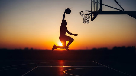 A dramatic silhouette of a basketball player in mid-air executing a powerful dunk against a vibrant sunset sky.の素材