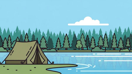 A simple, flat illustration of a tan tent set up on a grassy shore next to a serene blue lake with a dense pine forest in the background.の素材