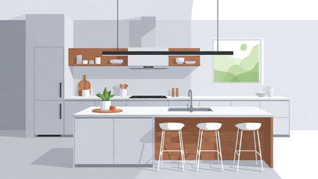 A bright, contemporary kitchen with white cabinets, a large island, and three stylish bar stools. Natural light streams in from a window.の素材