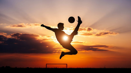 A dynamic silhouette of a soccer player in mid-air, kicking a ball against a vibrant sunset sky.の素材