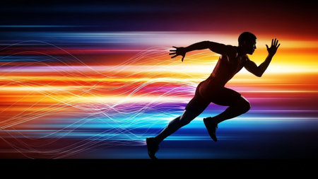 A dynamic silhouette of a runner in motion, with vibrant, blurred streaks of light suggesting extreme speed and energy.の素材