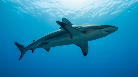 A powerful great white shark glides through clear blue ocean depths, illuminated by sunlight filtering from above.の素材