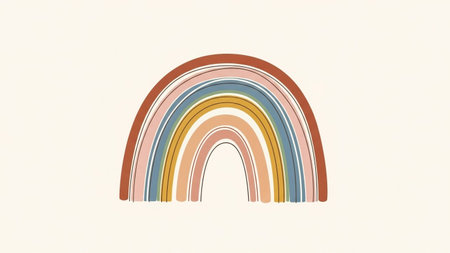 A stylized, arched rainbow illustration featuring muted, earthy colors and a slightly textured, hand-drawn appearance on a cream background.の素材