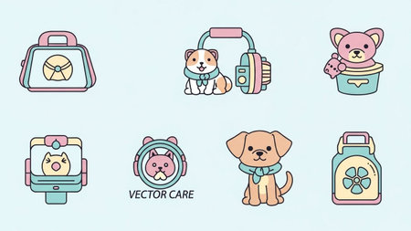 A charming collection of stylized cartoon dogs and cats with grooming tools, pet carriers, and bottles, all rendered in a soft, pastel color palette.の素材