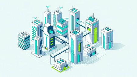 An isometric illustration of a modern city with sleek, tall buildings featuring blue and green accents against a light background.の素材