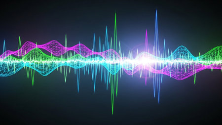 A dynamic, colorful abstract visualization of sound waves, pulsing with neon green, pink, and blue light against a dark background.の素材