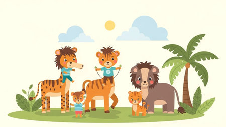 A whimsical illustration of a lion family and a tiger family standing together on a grassy plain with palm trees and clouds.の素材