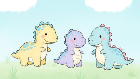 Three cute, pastel-colored baby dinosaurs with big eyes and friendly smiles stand in a grassy field under a soft blue sky.の素材