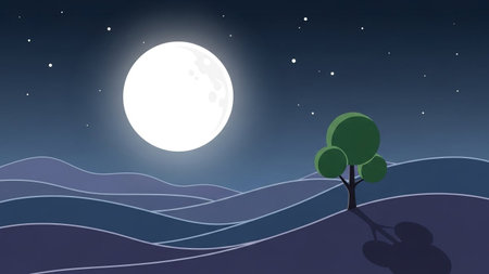 A stylized, peaceful night scene featuring rolling hills under a vast starry sky illuminated by a bright, glowing full moon.の素材