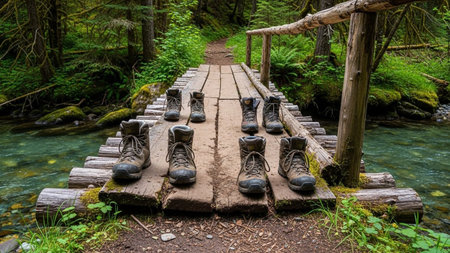 A weathered wooden footbridge crosses a clear blue stream in a lush green forest, adorned with several pairs of old hiking boots.の素材