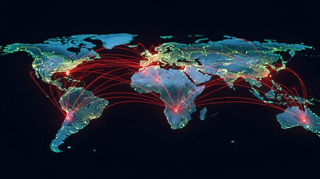 A vibrant world map displays illuminated cities and interconnected red lines, symbolizing global data flow and communication networks.の素材