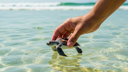 A person's hand carefully places a small sea turtle into the shallow, clear ocean water.の素材