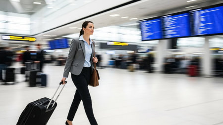A professional woman with a rolling suitcase walks through a blurred airport concourse, with flight information screens overhead.の素材
