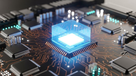 A vibrant, glowing blue cube encases a bright central processor on a complex electronic circuit board with many components.の素材