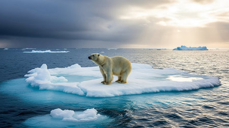 A lone polar bear stands on a small, melting ice floe in the vast ocean, with dramatic clouds and sunlight overhead.の素材
