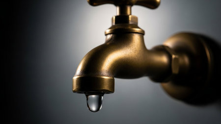 A close-up, dramatic shot of a single clear water drop suspended and falling from an antique brass faucet against a dark, textured background.の素材