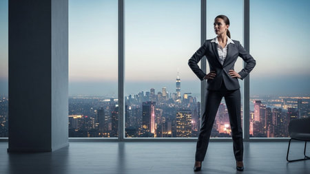 A woman in a suit stands with hands on hips, looking out a large window at a city at dusk.の素材