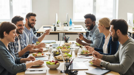A diverse group of professionals is gathered around a table, sharing food and engaging in conversation during a lunch meeting.の素材