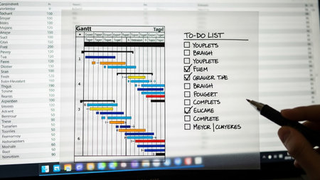 A close-up view of a computer screen displaying a Gantt chart and a to-do list. A hand holds a stylus over the screen.の素材