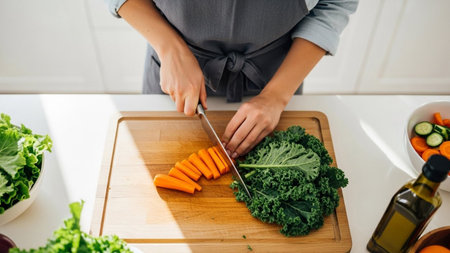 A person in an apron is chopping carrots on a wooden cutting board surrounded by fresh vegetables and olive oil.の素材