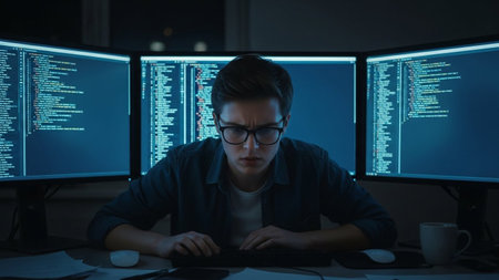 A young person with glasses intensely stares at lines of code displayed on three glowing monitors in a dimly lit room.の素材