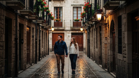 A couple strolls down a narrow, wet cobblestone street lined with old buildings and glowing lanterns.の素材