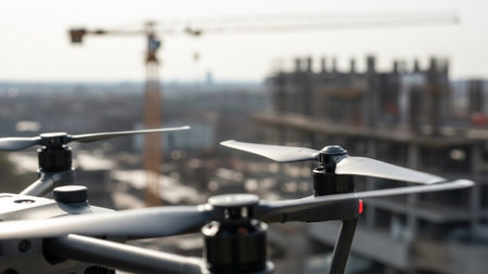 A drone hovers in the foreground, with a blurred construction site, cranes, and buildings in the background.の素材