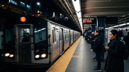 A subway train is stopped at a dimly lit station platform. Passengers stand waiting for departure or arrival.の素材