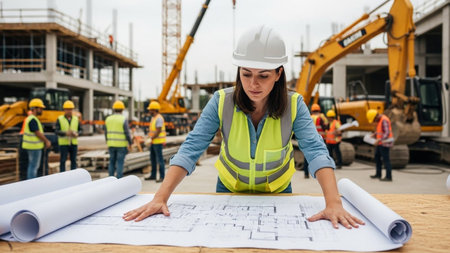 A woman in a hard hat and safety vest examines architectural plans on a table at a construction site with heavy machinery and workers in the background.の素材