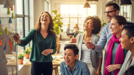 A group of diverse colleagues are actively engaged in a brainstorming session, pointing at a glass board with sticky notes. They appear happy and enthusiastic.の素材