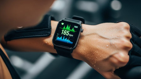 A person's wrist wearing a black smartwatch with a bright screen showing a heart rate of 165 bpm and a graph.の素材