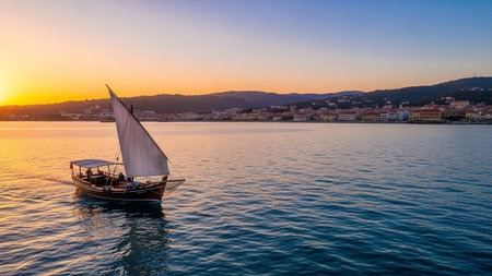 A lone sailboat navigates tranquil waters during a vibrant sunset, with a picturesque coastal town nestled on distant hills.の素材