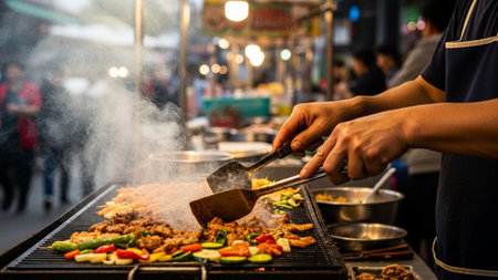 A close-up of hands cooking various ingredients on a hot grill with steam rising, at a bustling night market.の素材