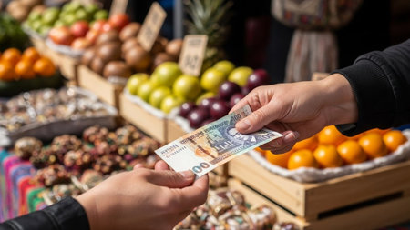 A close-up shot shows hands exchanging money for a variety of colorful fruits and vegetables at a bustling market stall.の素材
