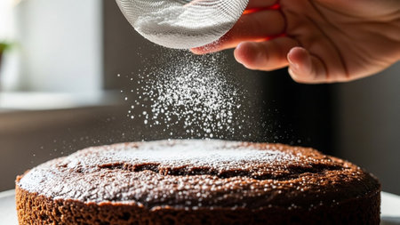A close-up shot shows a hand sifting powdered sugar over a rich, dark chocolate cake, creating a delicate snowy topping.の素材