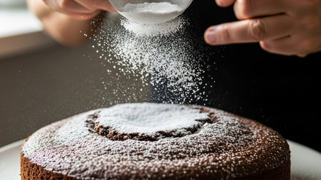 A baker's hands sprinkle powdered sugar onto a rich chocolate cake, creating a sweet and snowy topping.の素材