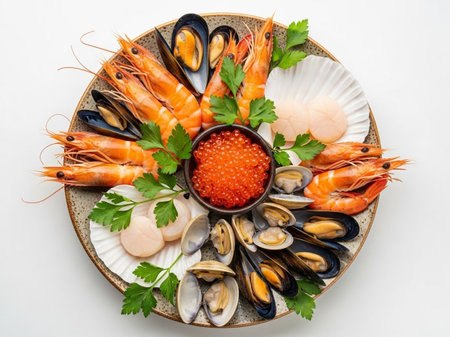 Seafood platter with shrimps and mussels on white backgroundの素材