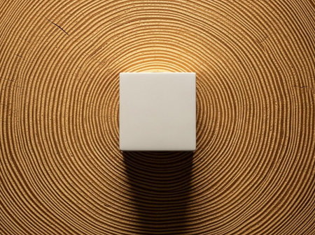 A white cube sits on a wooden surface with concentric circles, casting a dark shadow to the right, with warm golden brown hues and detailed wood grain texture visibleの素材