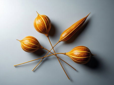 Five brown seed pods with long stems arranged in a circular pattern on a gray background with a shadow effectの素材