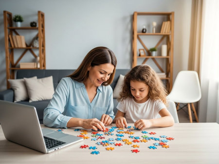 A mother and young daughter work together on a colorful puzzle on a light wood table in a cozy living room with a laptop and bookshelvesの素材