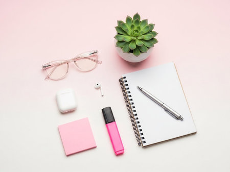 A flat lay of a desk with a notebook, pen, glasses, earbuds, lipstick, and a small potted plant on a pink background with a white surfaceの素材