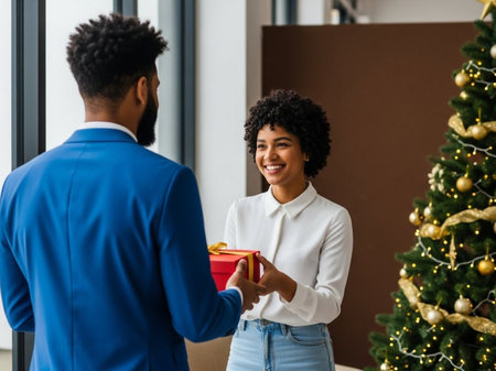 A man in a blue suit giving a woman a red gift box in an office with a Christmas tree decorated with gold ornaments to the rightの素材
