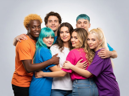 A diverse group of seven young adults with vibrant hair colors embracing each other warmly in a studio setting with a light gray backgroundの素材