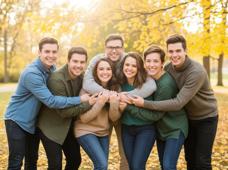 Seven young adults stand together in a park with yellow leaves on the ground and trees in the background smiling and putting their arms around each other wearing casual clothingの素材