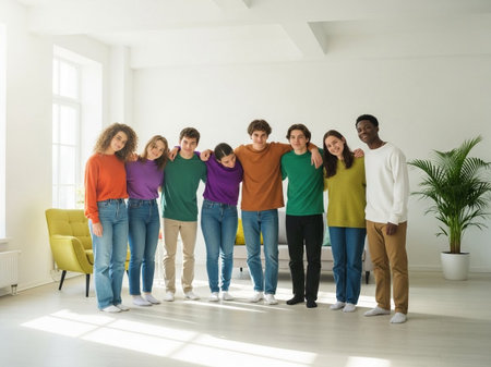 A diverse group of nine young adults wearing casual clothing stand together in a bright white room with their arms around each other, smiling and looking happy, with a yellow chair and plant in the baの素材