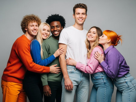 Six young adults of different ethnicities and hair colors posing together on a gray background, smiling and embracing each other in a studio setting.の素材
