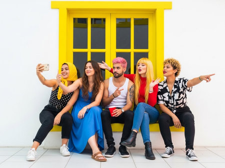 Five young adults sit on a bench in front of a yellow window smiling and looking in different directions wearing casual clothing with a white wall in the backgroundの素材