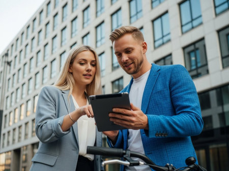 A businessman and businesswoman are looking at a tablet, standing in front of a large building with a bicycle in the foreground, both wearing professional attire.の素材