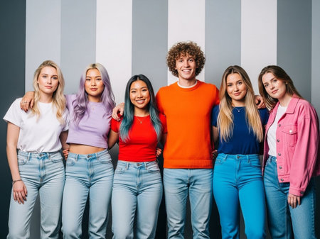 Six young adults stand together, smiling and wearing casual clothing with vibrant colors, against a gray and white striped wall background.の素材