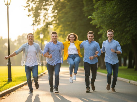 Five young adults laughing and running side by side on a paved walkway in a park with trees and streetlights during a beautiful sunny eveningの素材